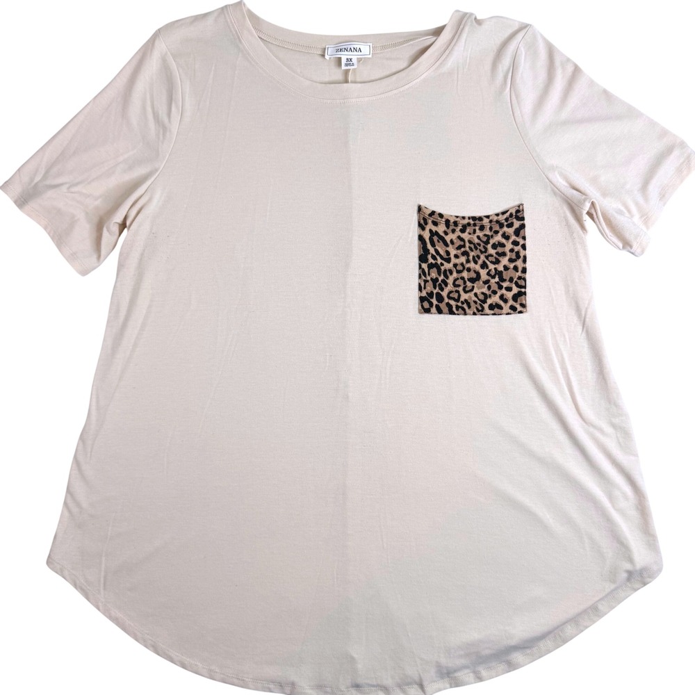 Zenana Womens Plus 3X Cream Beige Leopard Pocket T-Shirt RT-2267XBA Short Sleeve
